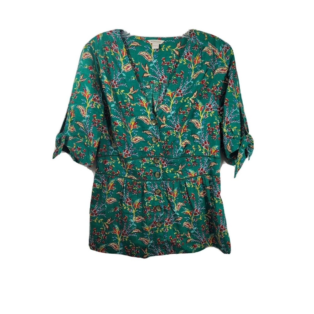 Monsoon Size 10 Large Green Flower Button Top Blouse Peasant boho short Sleeve